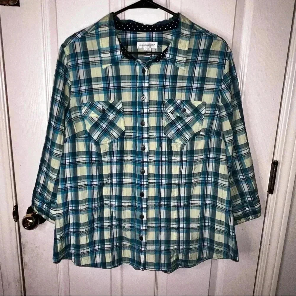 Christopher Banks Shirt Womens XL  Blue/Green Plaid Long Sleeve Button Up Casual